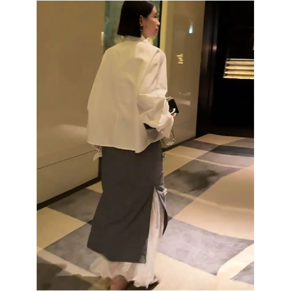 Korean gray suit half skirt for women 2025 new style lace splicing split hip skirt three dimensional nail bead one step skirt image 3