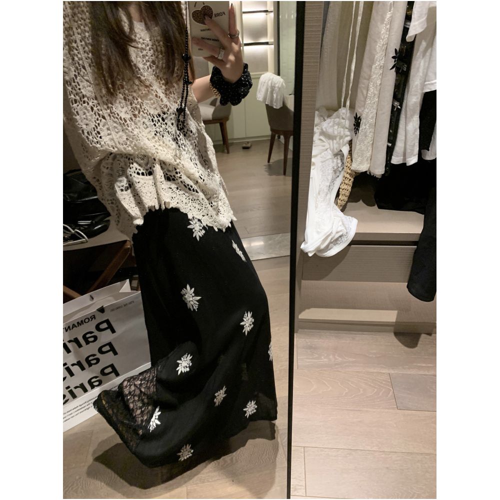 Fanccy Linen Embroidered Lace Splicing Half length Skirt for Women 2025 Summer New Style A line Medium length Design image 4