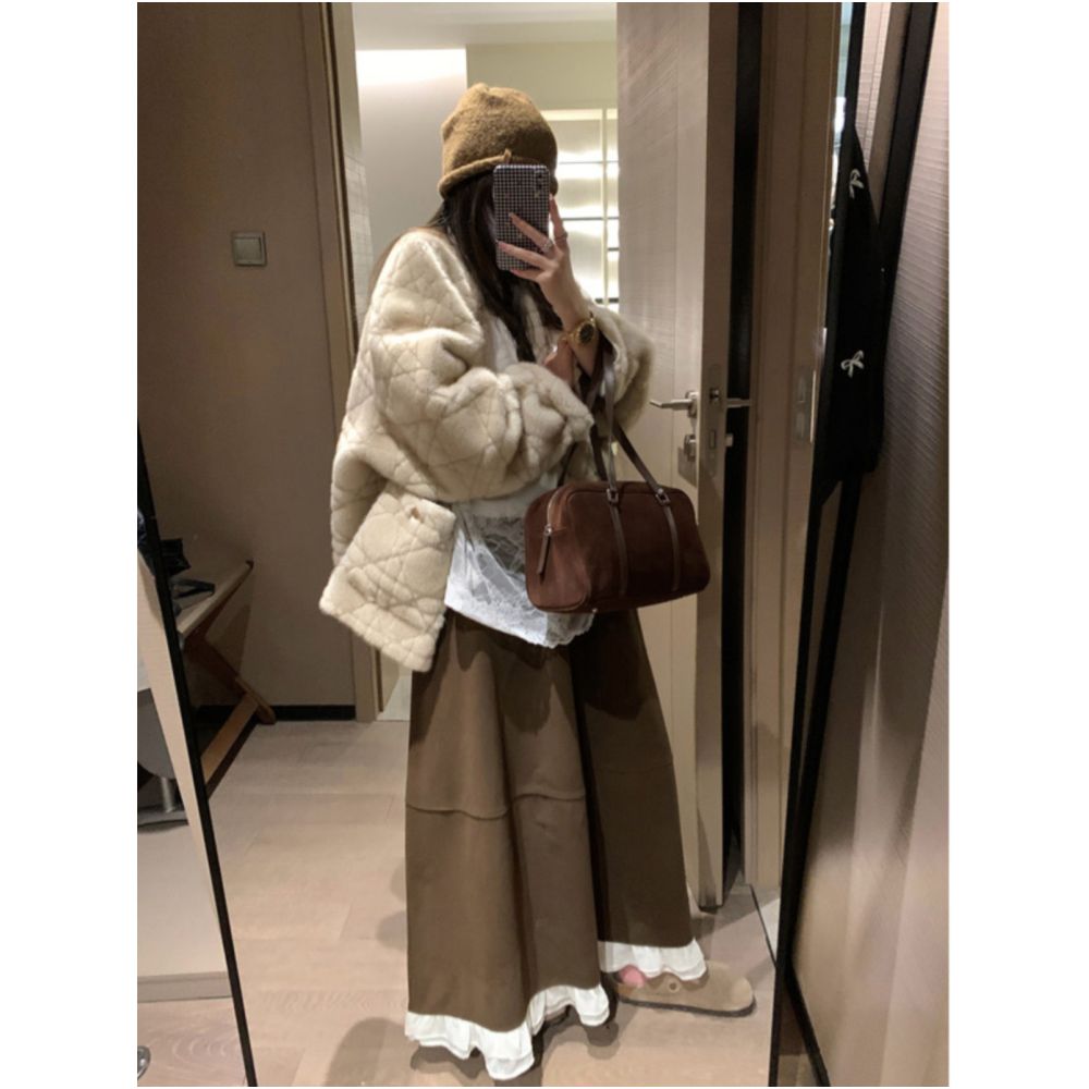 Fanccy lace woolen skirt for women 2024 autumn and winter new mid to long style with a hanging feeling that makes them look slim and lazy straight tube skirt image 4