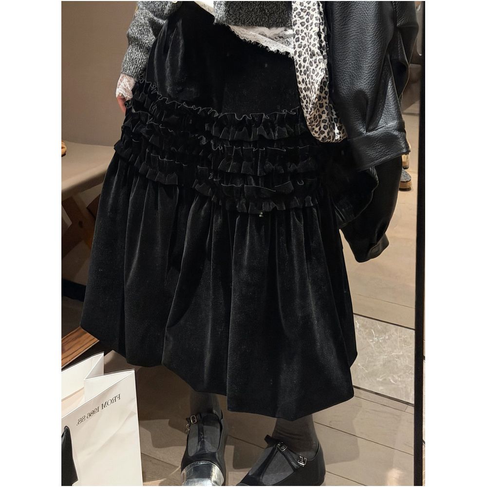 French elegant style black flower bud velvet half skirt for women in autumn 2025 new style with mushroom edge slim and medium long half skirt image 0