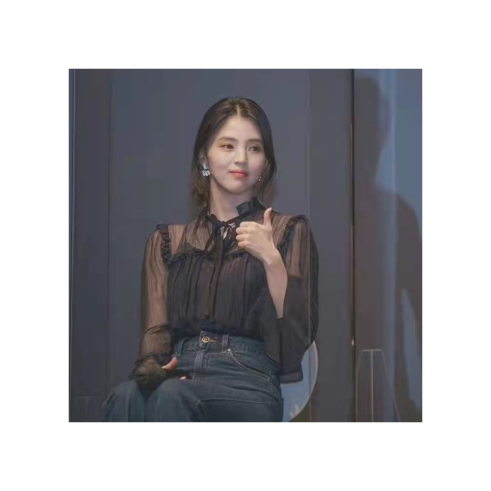 Han Suxi s black ruffled chiffon shirt with female design sense niche lace camisole two piece top set trendy image 1