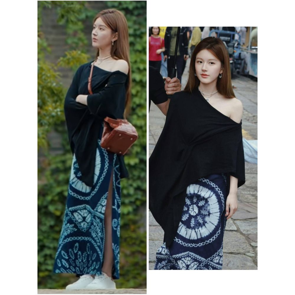 Xu I Dazzling Zhao Lusi Xu Yan Same Style Black Cross Shoulder T shirt Cover Shirt Blue Ethnic Style Tie Dyeing Printed Half Skirt image 0