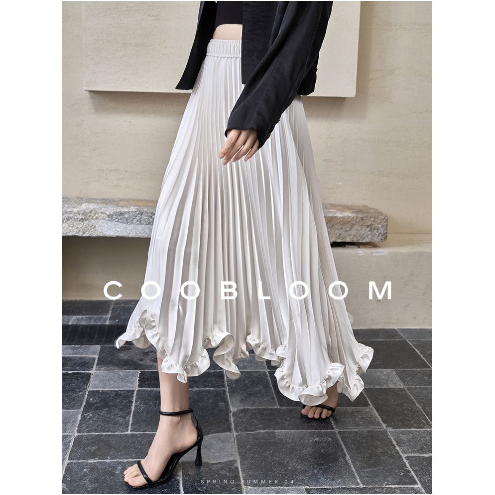 COOBLOOM White petal skirt temperament mid length skirt with pleated skirt for women 2025 summer new A line skirt image 2