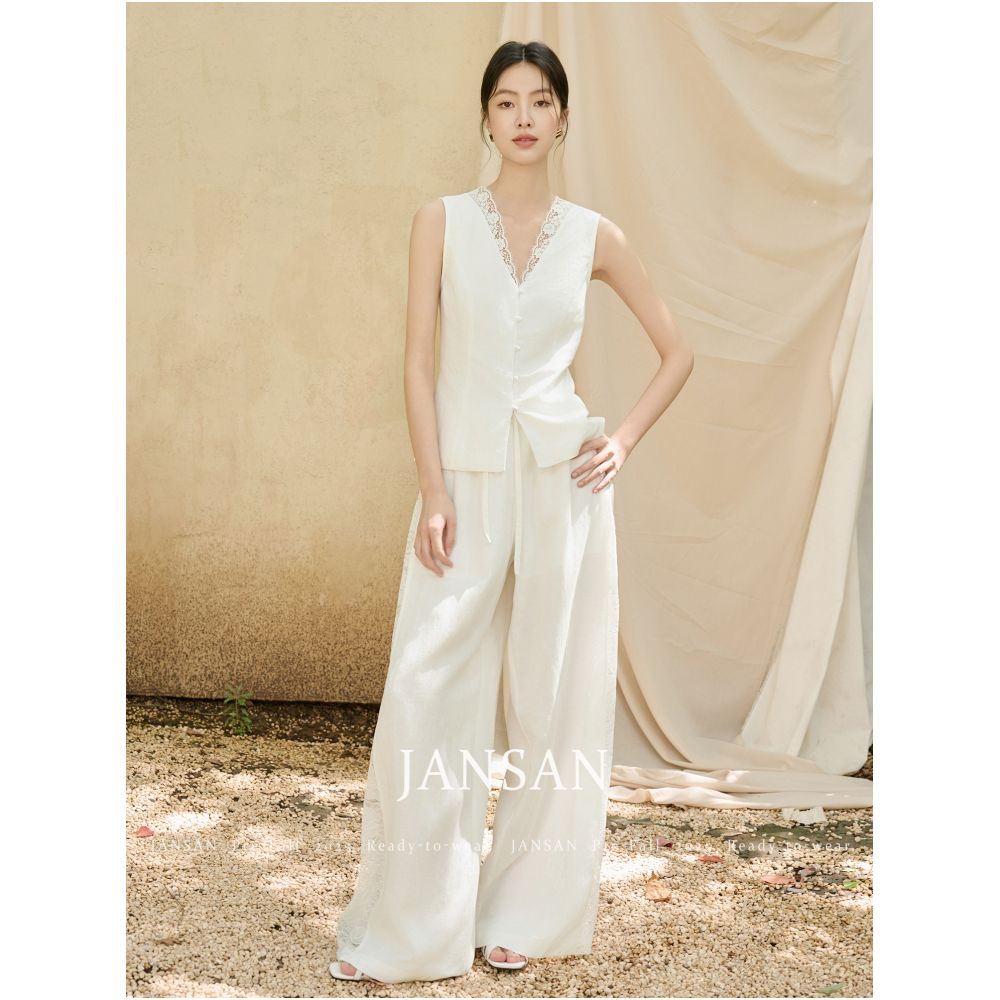 JANSAN Tencel Linen Lace Adjustable Waist Vest Hollow Wide Leg Pants Set image 3