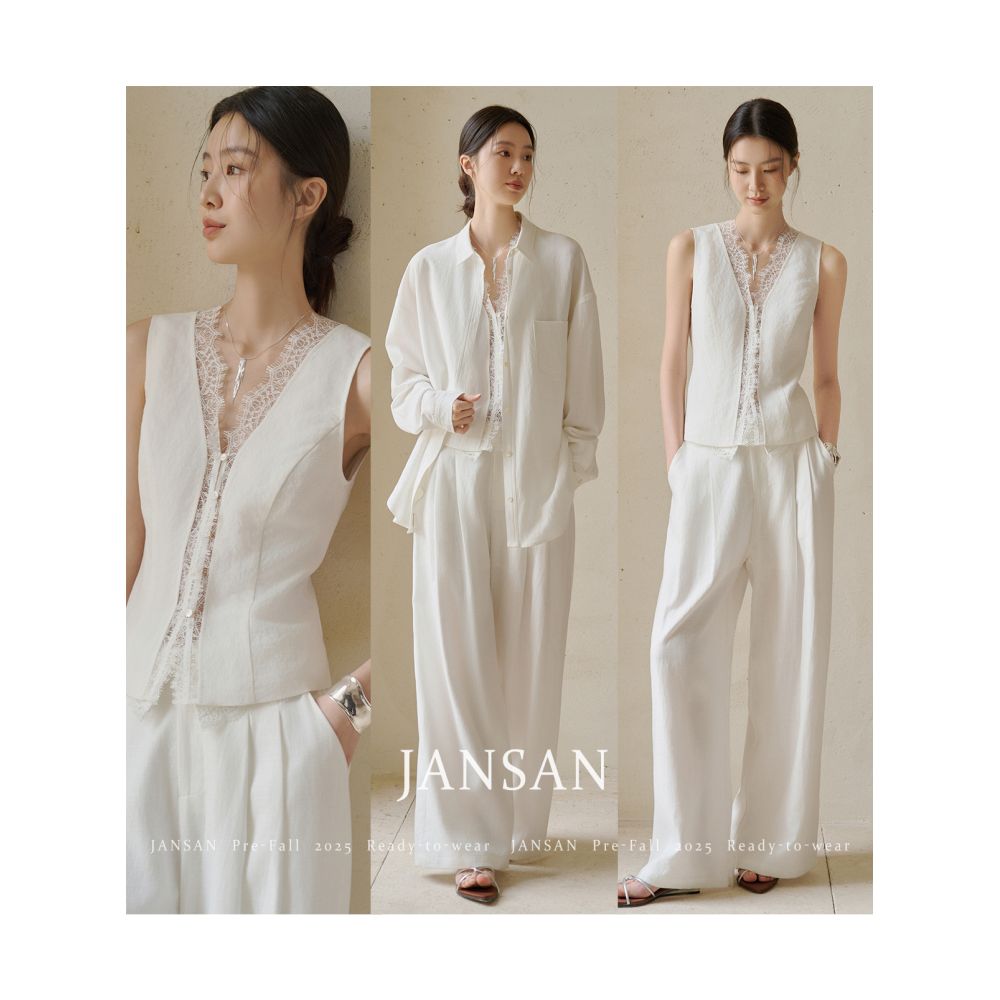 JANSAN heavyweight Tencel linen lace vest shirt flip over design pants three piece set image 1