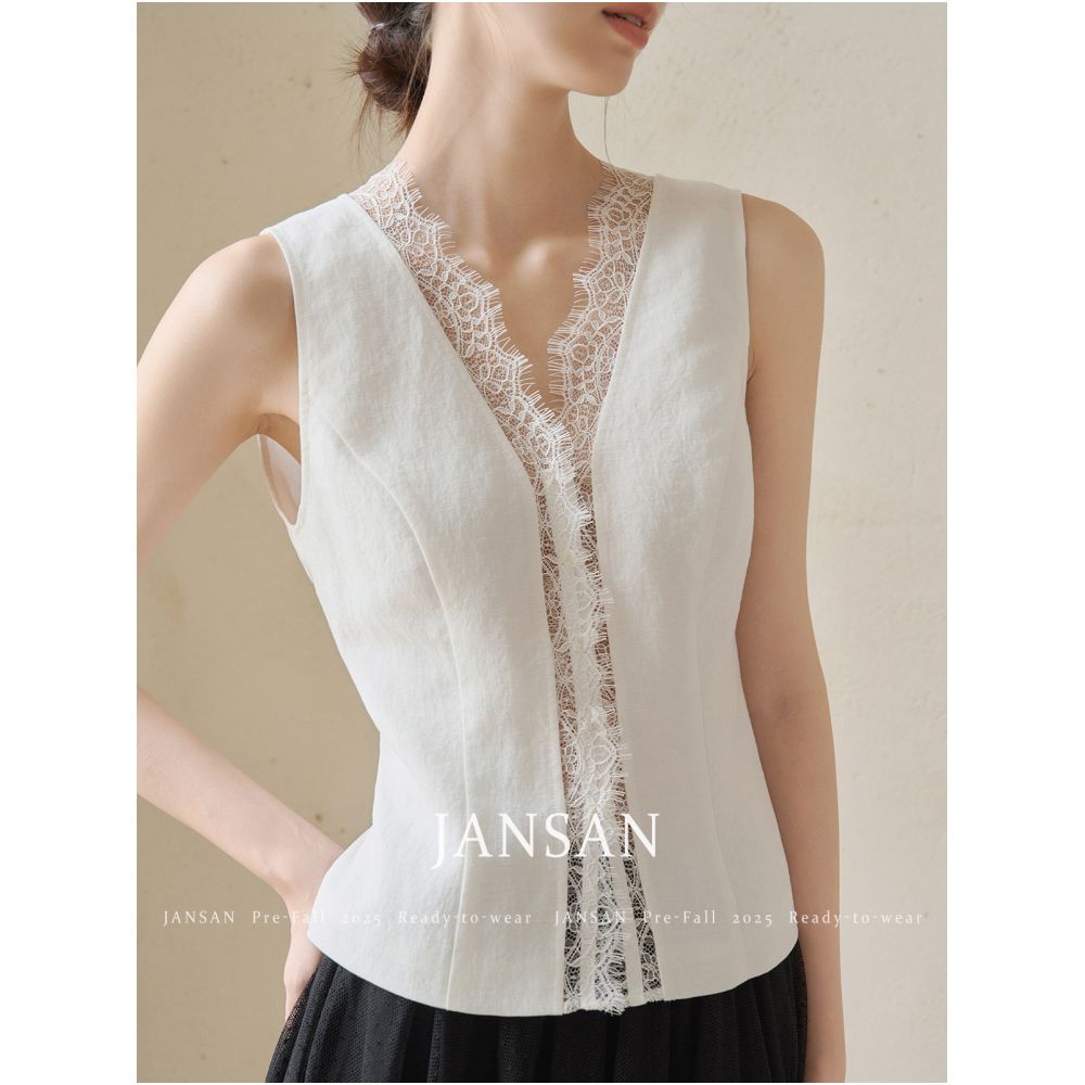 JANSAN heavyweight Tencel linen lace vest shirt flip over design pants three piece set image 2