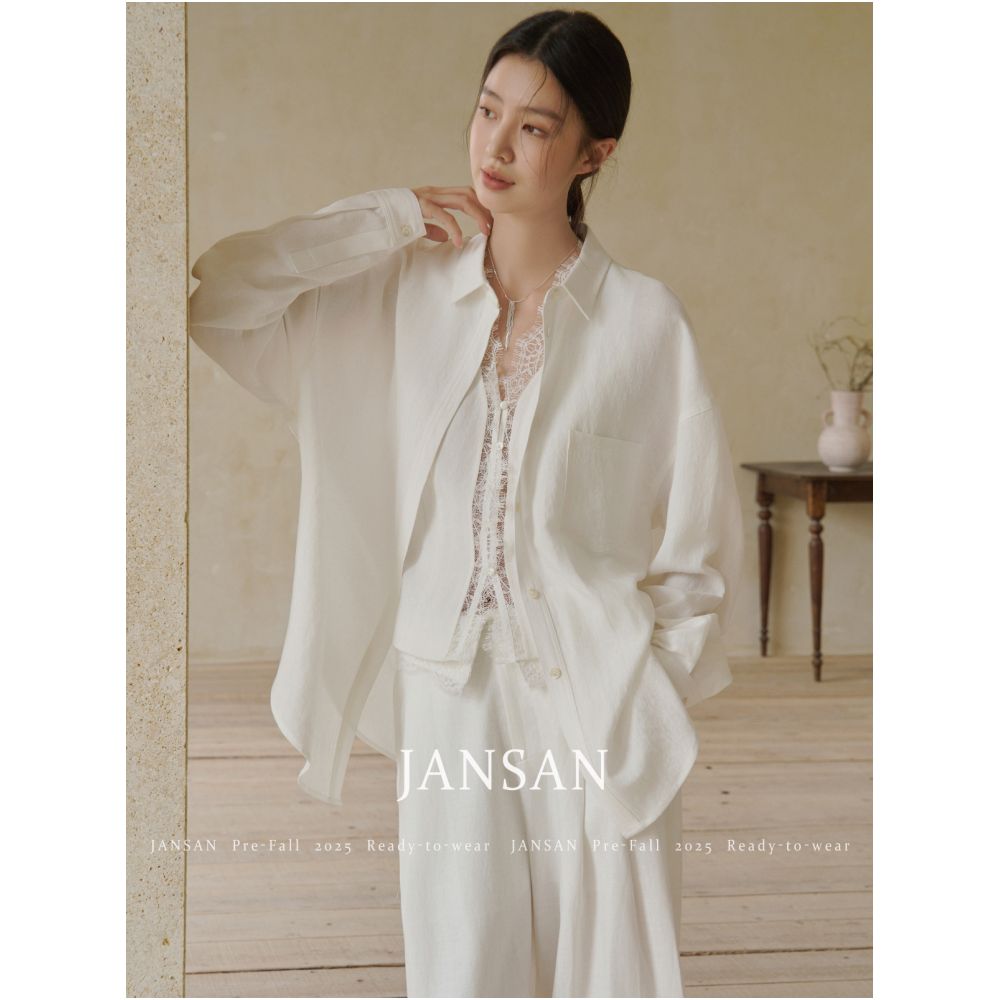JANSAN heavyweight Tencel linen lace vest shirt flip over design pants three piece set image 3