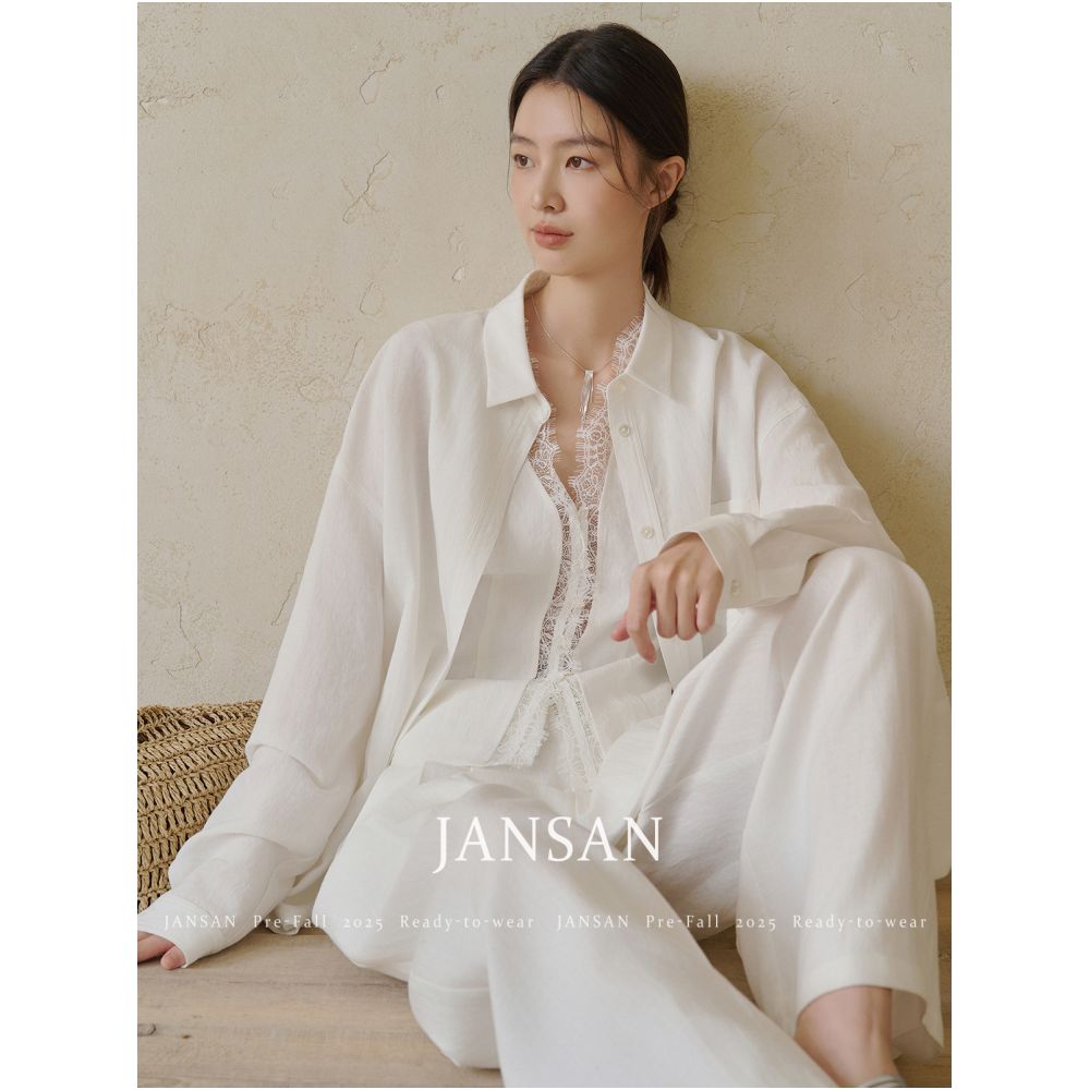 JANSAN heavyweight Tencel linen lace vest shirt flip over design pants three piece set image 4