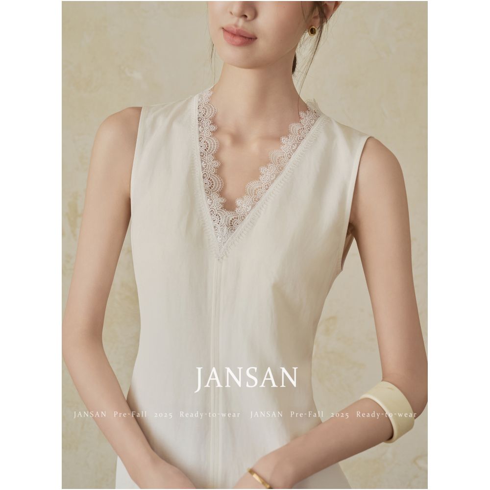 JANSAN Men s Silk and Hemp Slippery V neck Handmade Lace Lace Sleeveless Waist Folding Paper Man s Long Dress image 2