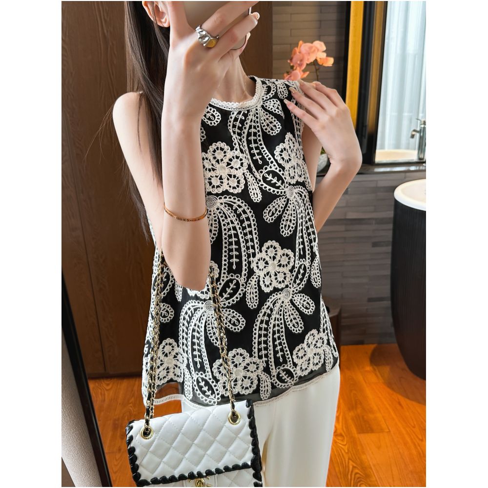 YOU SEE Pomelo Sees Summer Full of Exquisite Feeling Flower vine floating branches are too beautiful Black sleeveless vest image 0