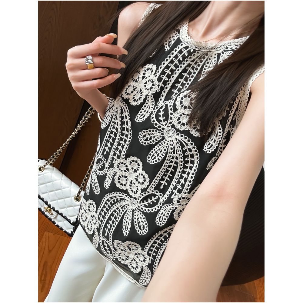 YOU SEE Pomelo Sees Summer Full of Exquisite Feeling Flower vine floating branches are too beautiful Black sleeveless vest image 3