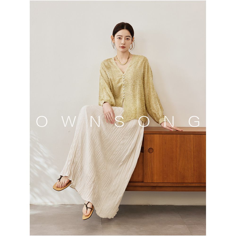 OWNSONG premium texture three dimensional cut pleated skirt with high waist and straight tube for slimming and elegant temperament long skirt image 3