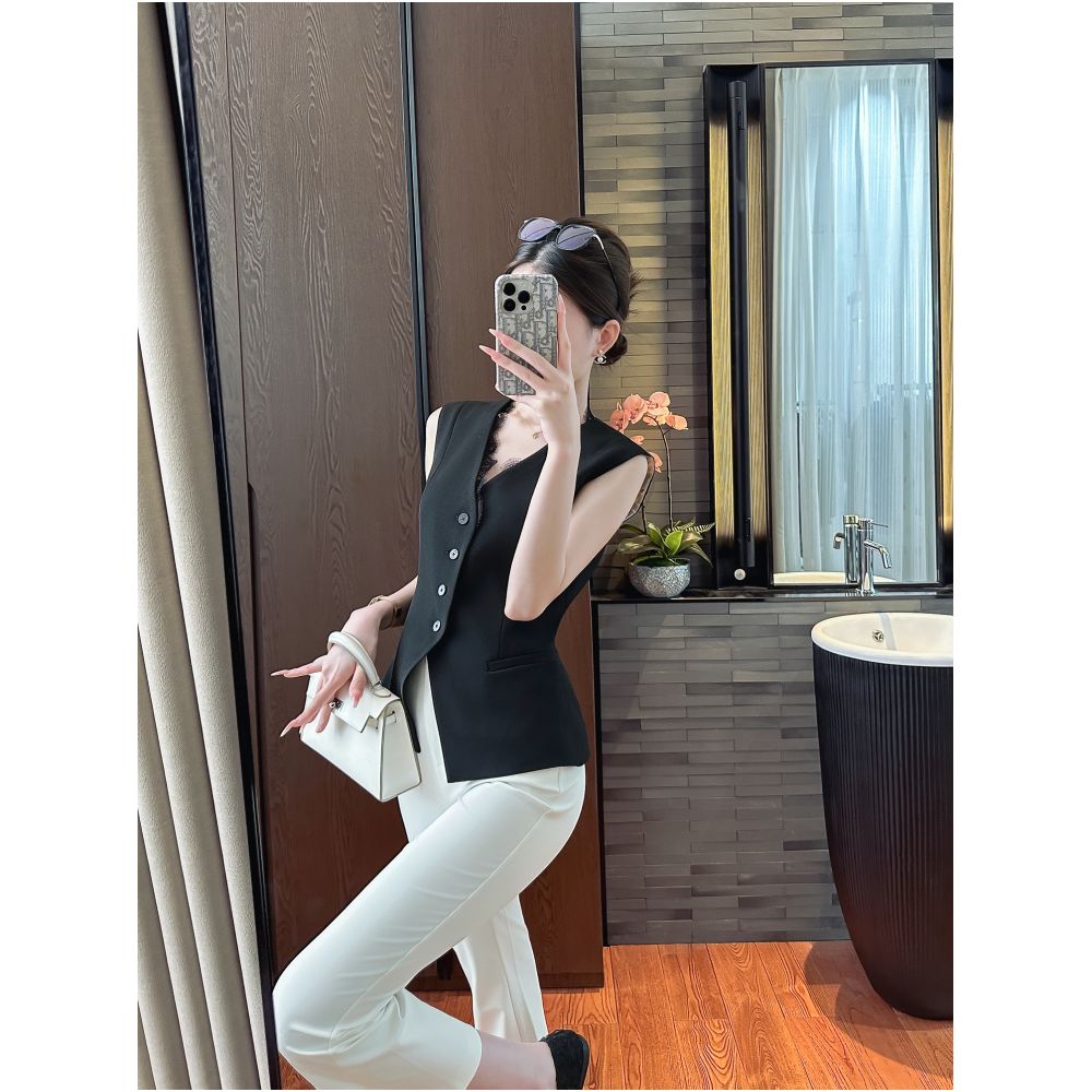YOU SEE Yuzhen One click Grip Skilled and Fashionable Light Mature Style Black Lace Splicing Sleeveless Vest image 3