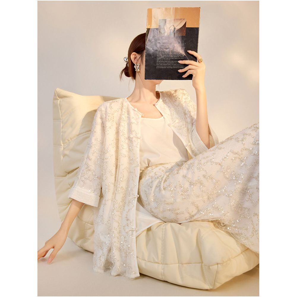 New Chinese style heavy industry embroidered white jacket for women s summer 2025 new style Chinese style silk embroidery bead round neck button top image 0