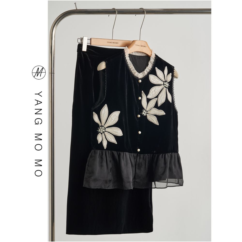 Fashionable temperament embroidery nail bead lace lace organza splicing vest half body set for women 2025 autumn new item image 0