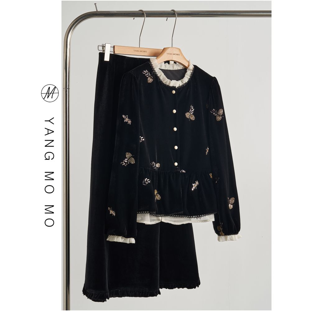 New Chinese retro luxurious velvet bead sequin embroidered jacket top skirt set autumn new women s clothing image 0