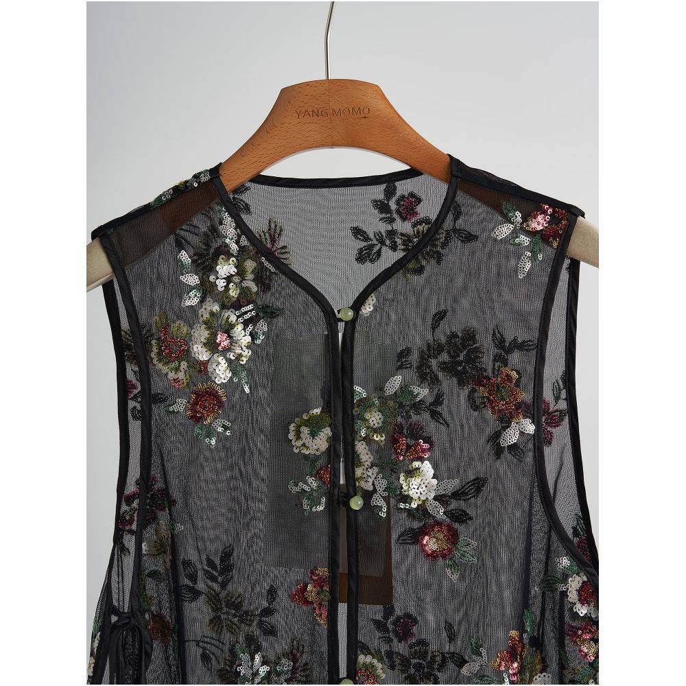 New Chinese style mesh yarn sequin embroidered vest half skirt set 2025 new women s summer outfit image 3