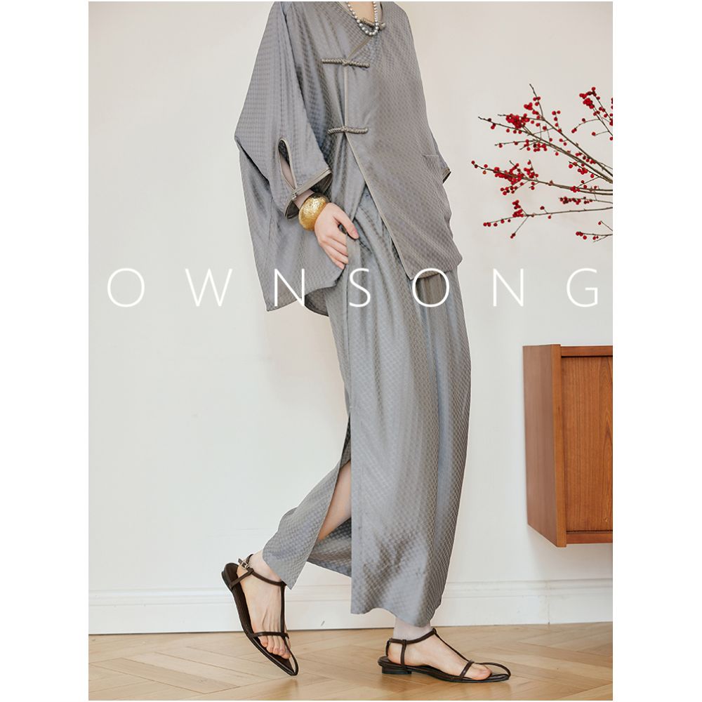 OWNSONG Mulberry Silk Jacquard New Chinese Style Set Loose Lantern Sleeve Top Split Half Skirt Two Piece Set for Women image 0