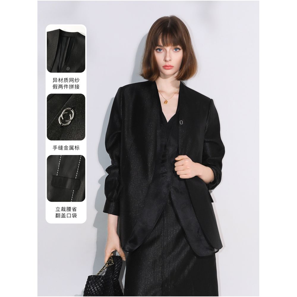 COCOBELLA high intelligence splicing silk collarless suit women s early autumn commuting casual temperament jacket SI533B image 1