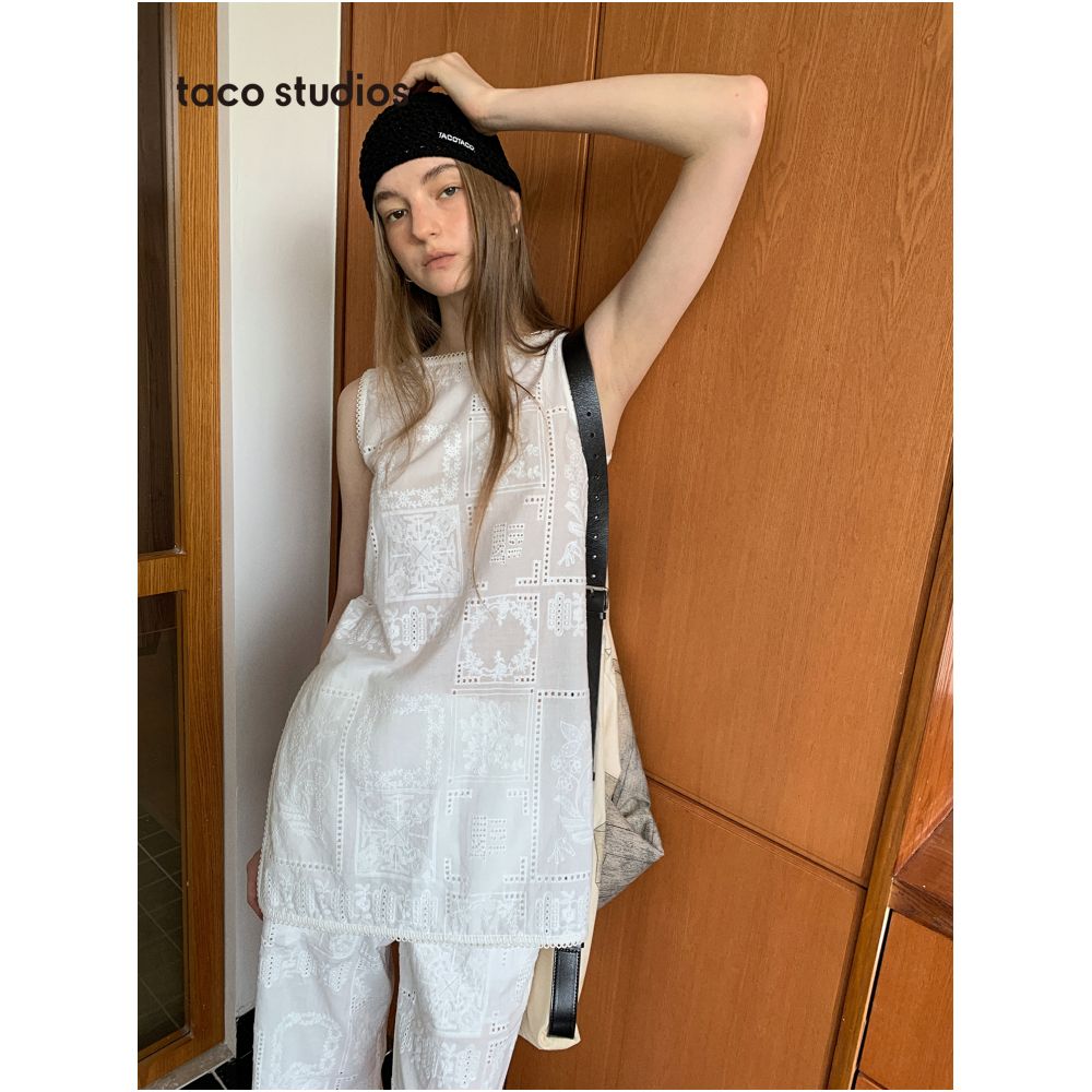 Taco Studios Ten Thousand Needle Embroidered Hollow Flower Sleeveless Tank Top Casual Pants All Cotton Design Sense Set image 0
