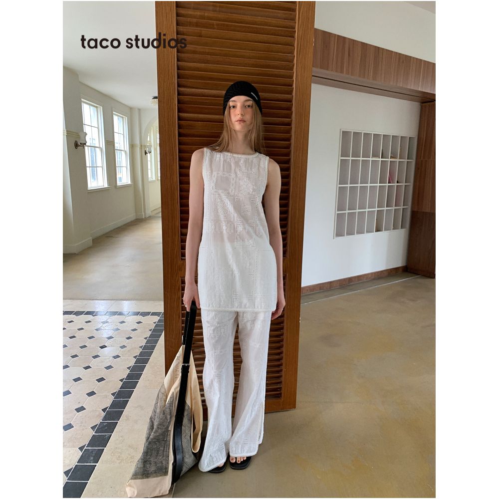Taco Studios Ten Thousand Needle Embroidered Hollow Flower Sleeveless Tank Top Casual Pants All Cotton Design Sense Set image 1