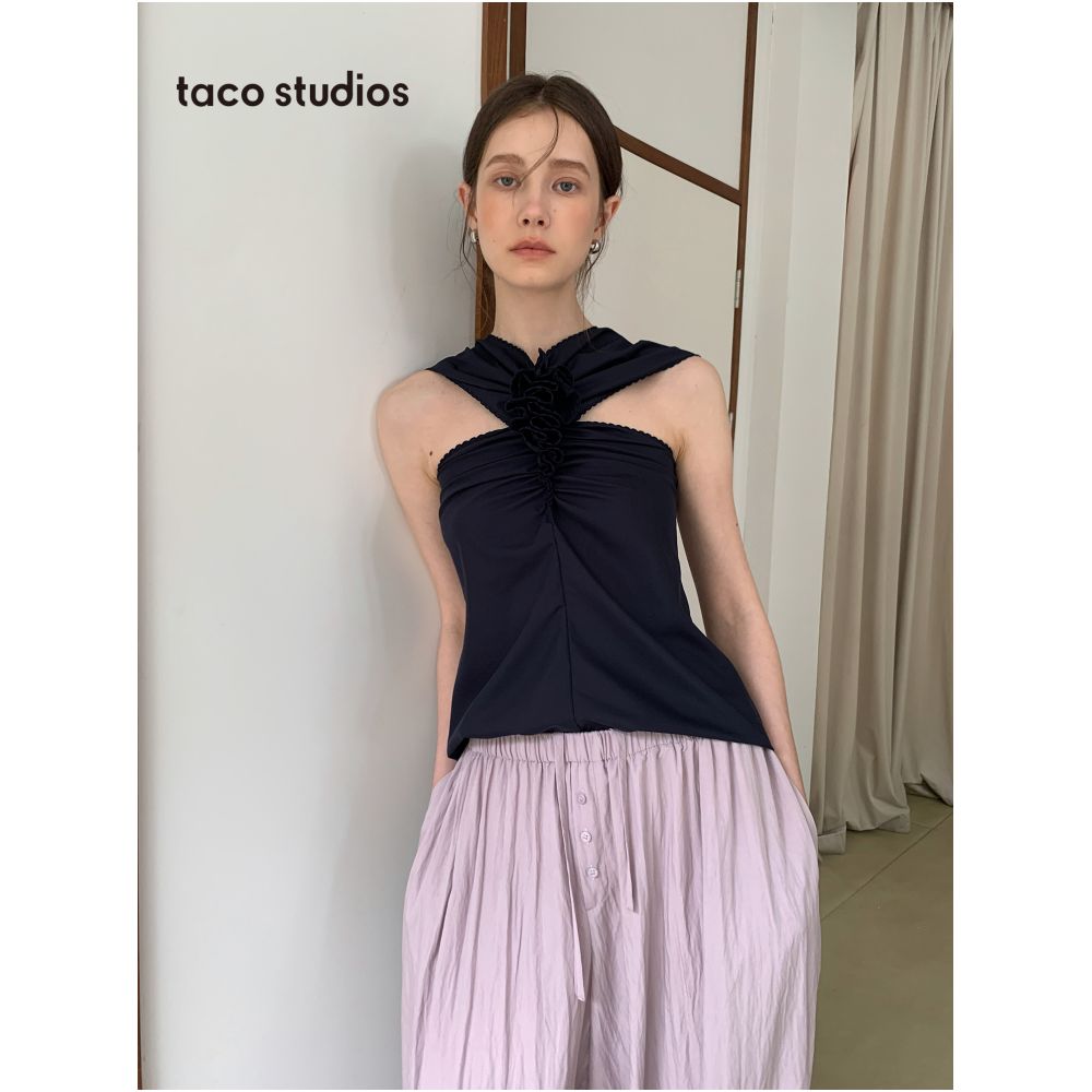 Taco Studios special embroidery lace craft French cotton cross design feeling slimming top image 1