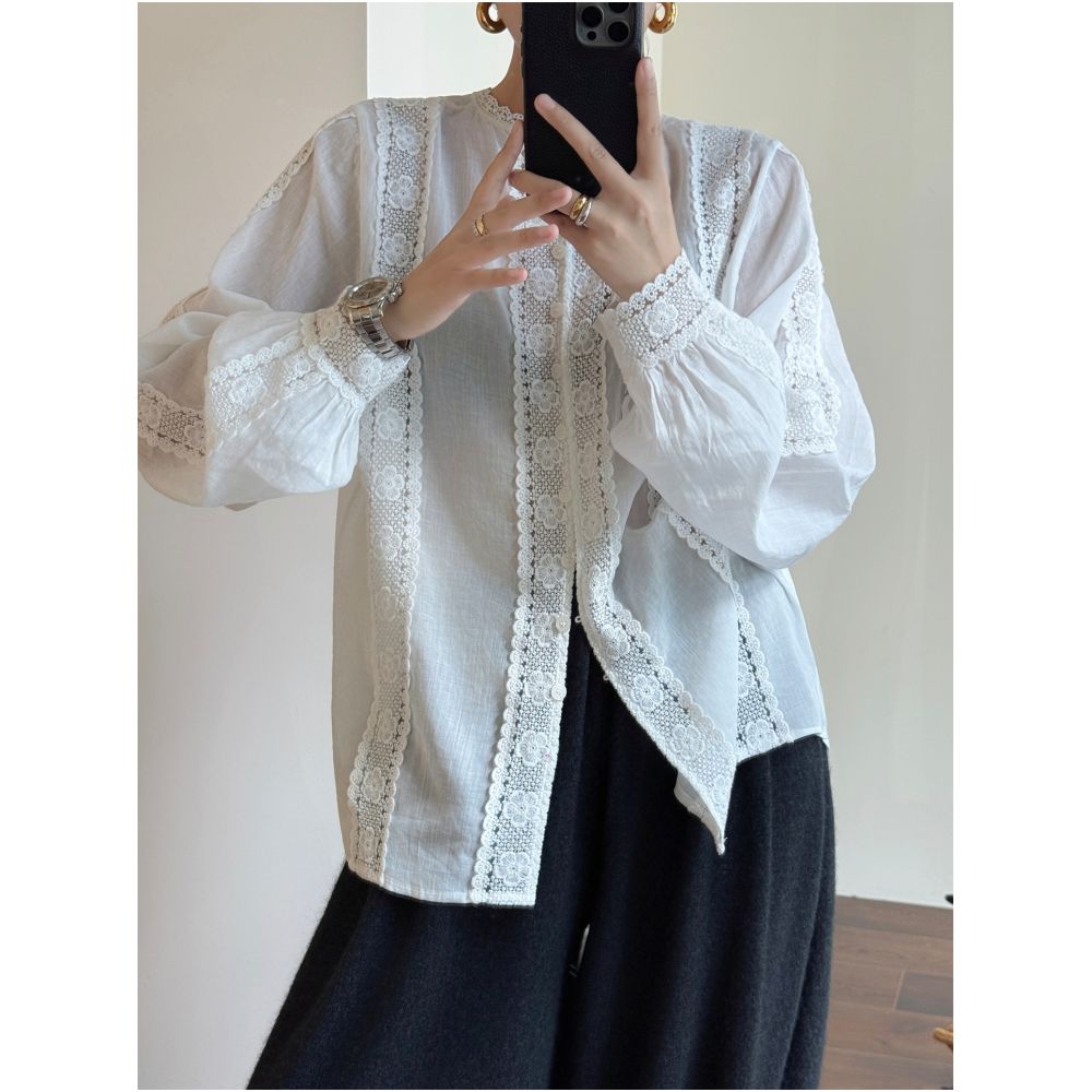 WANG Window Shirt Oil painting of a young girl with three dimensional embroidery and lace wearing lantern sleeves in front and back loose fitting shirt image 3