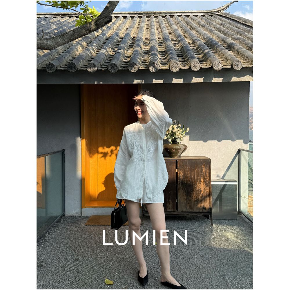 Li Xinger LUMIEN 100 linen three dimensional bead embroidered shirt top for women s autumn long sleeved round neck casual shirt image 2