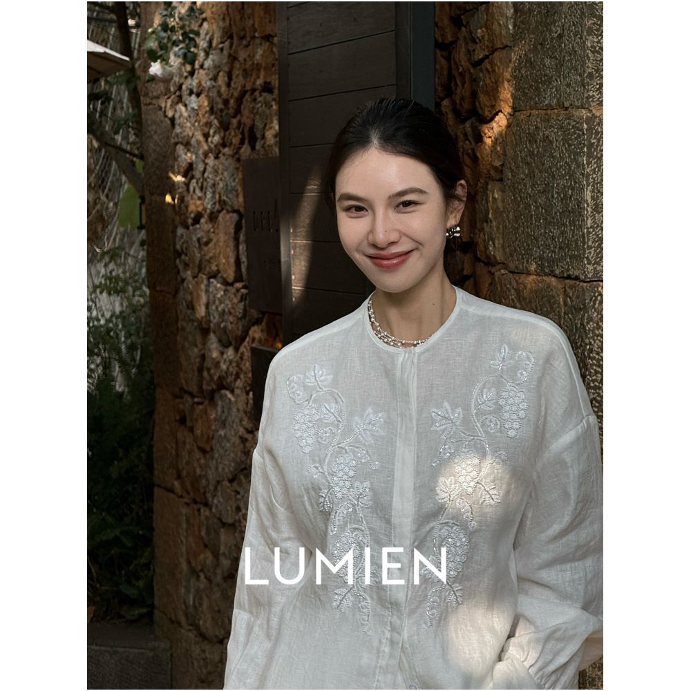 Li Xinger LUMIEN 100 linen three dimensional bead embroidered shirt top for women s autumn long sleeved round neck casual shirt image 4