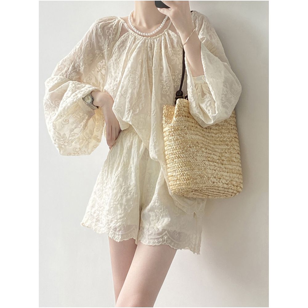 High end embroidered sun protective shirt set for women summer style lantern sleeve top casual wide leg shorts two piece set image 2