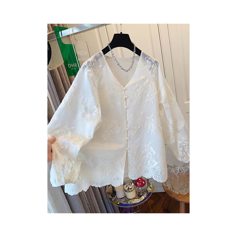 New Chinese Embroidered Lace Shirt for Women in Spring and Summer Loose and Slim High end Chinese Style V neck Tang style Long sleeved Top image 0