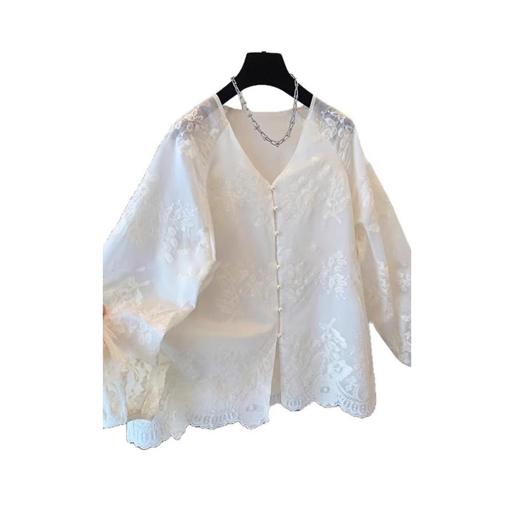 New Chinese Embroidered Lace Shirt for Women in Spring and Summer Loose and Slim High end Chinese Style V neck Tang style Long sleeved Top image 4