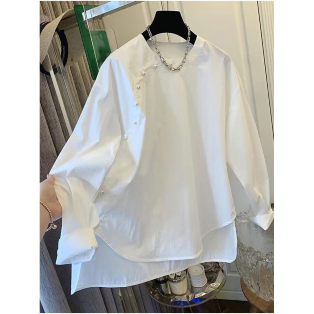 New Chinese style pearl white shirt for women in spring 2025 loose and high end feeling layered casual long sleeved base shirt top image 0