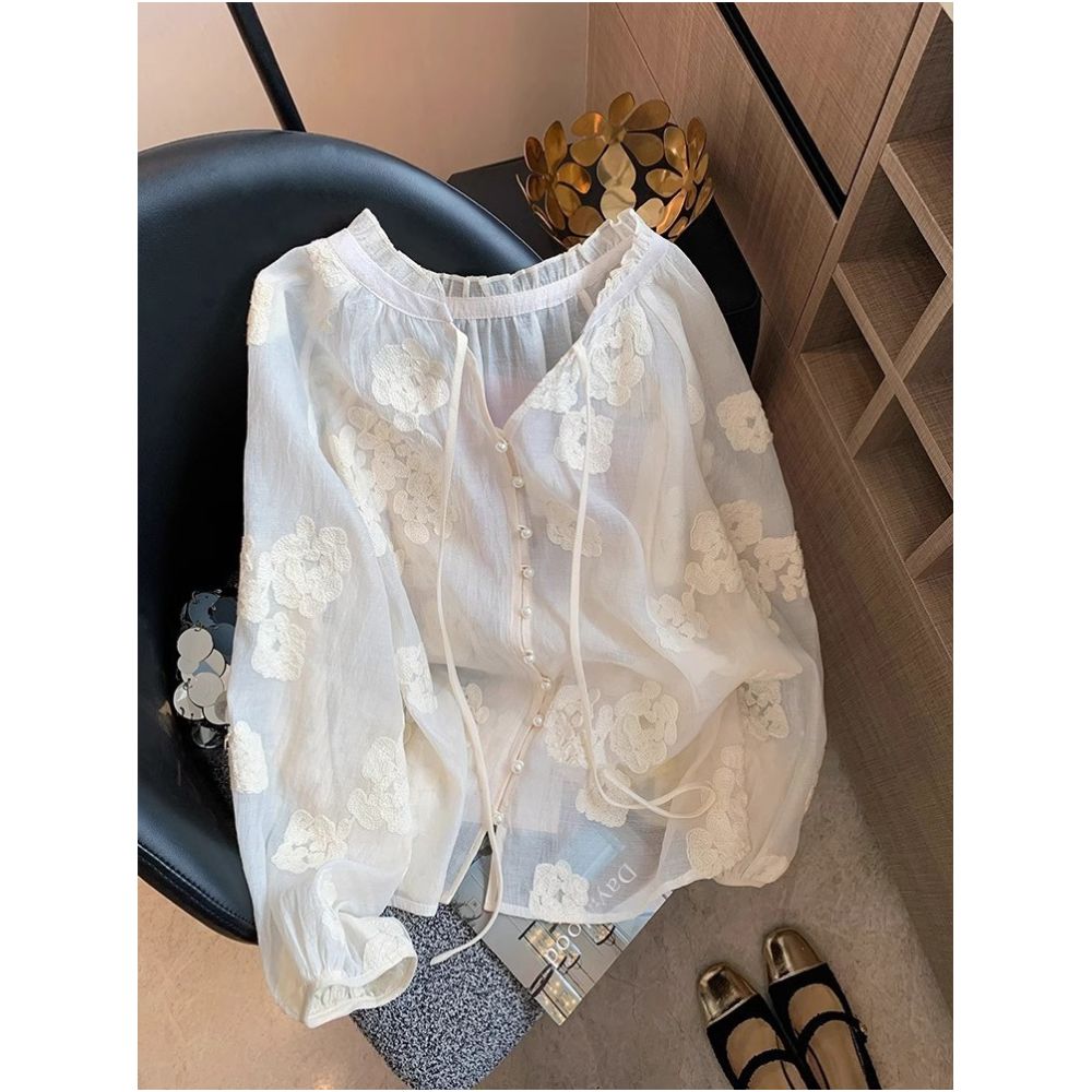 New Chinese style white lace patchwork round neck shirt for men and women in spring and summer with a niche design and loose sun protection cover image 0