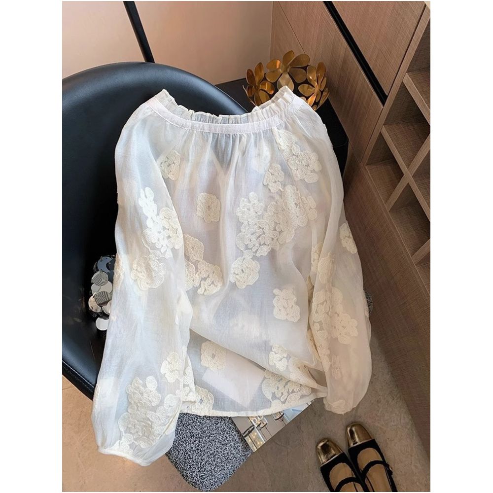 New Chinese style white lace patchwork round neck shirt for men and women in spring and summer with a niche design and loose sun protection cover image 1