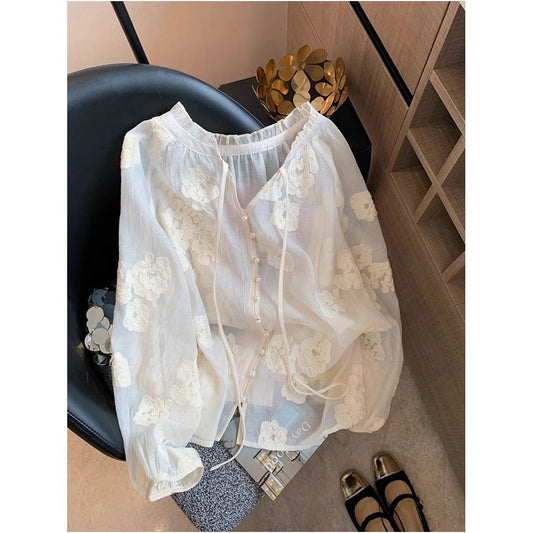 ASAYA5409 – Blooming Pearl Sheer Blouse 🌿🤍