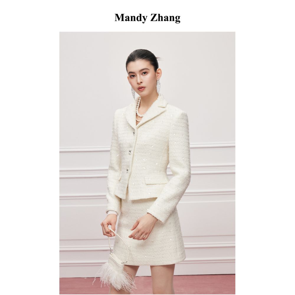 Mandy Zhang s luxurious flower wool bead embroidery small fragrant style set skirt for women s autumn and winter temperament short jacket image 3