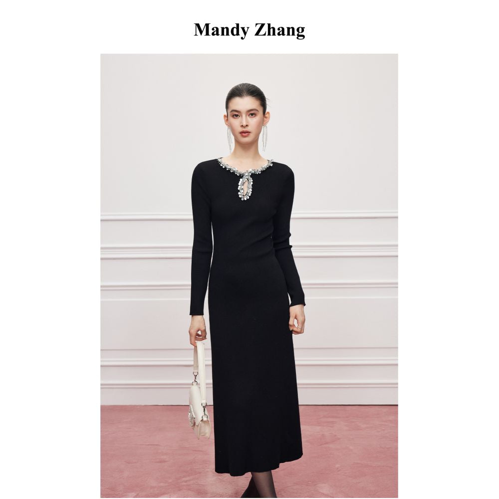 Mandy Zhang s Luxury Waterdrop Diamond Collar Wool Knitted Dress for Women s Autumn and Winter Design Elegant Black Long Dress image 0