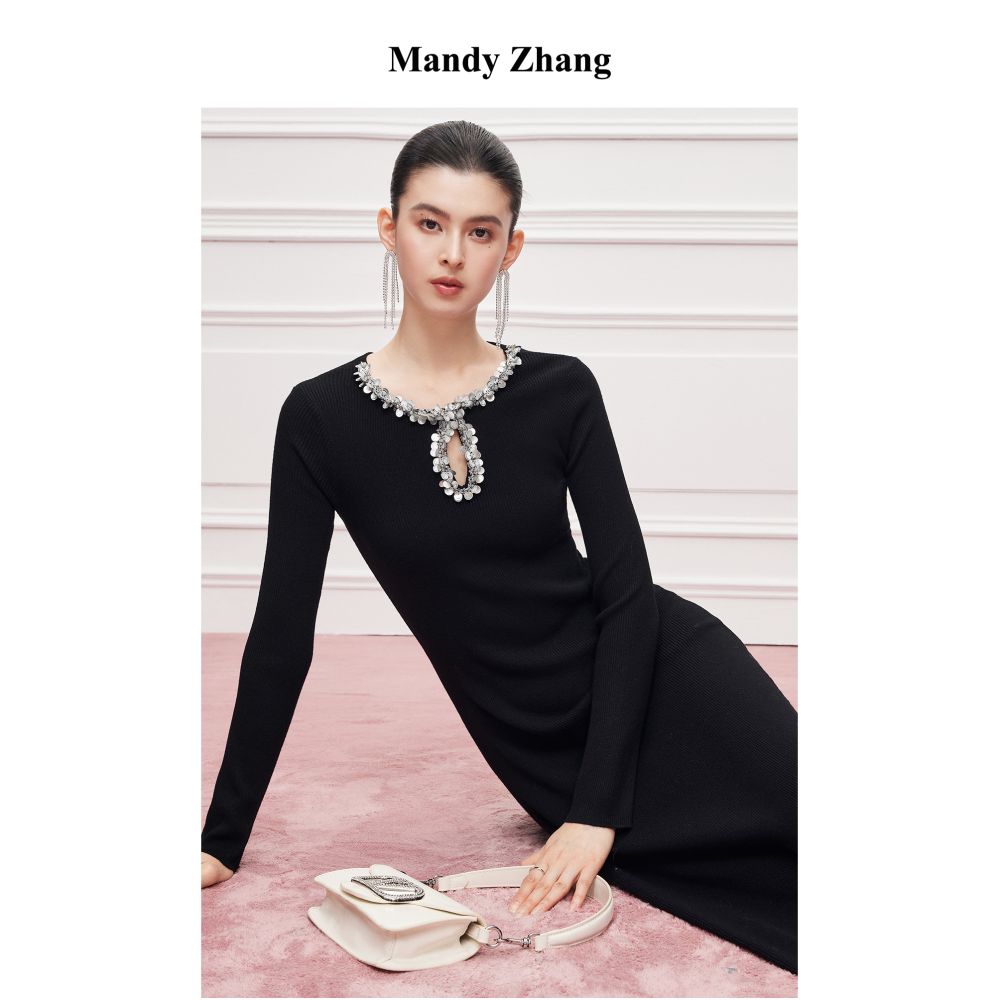 Mandy Zhang s Luxury Waterdrop Diamond Collar Wool Knitted Dress for Women s Autumn and Winter Design Elegant Black Long Dress image 1