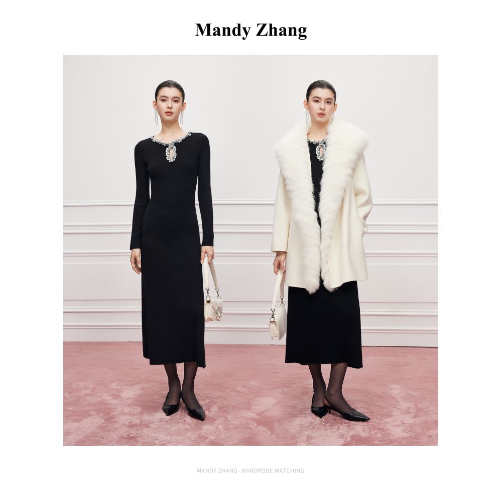 Mandy Zhang s Luxury Waterdrop Diamond Collar Wool Knitted Dress for Women s Autumn and Winter Design Elegant Black Long Dress image 3