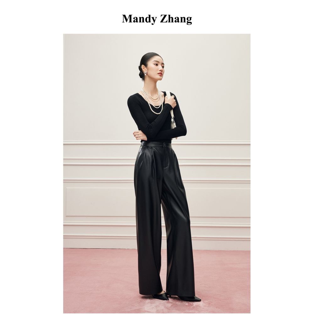 MandyZhang s premium soft PU protein leather black straight leg casual pants for women s autumn and winter new high waisted long pants image 1