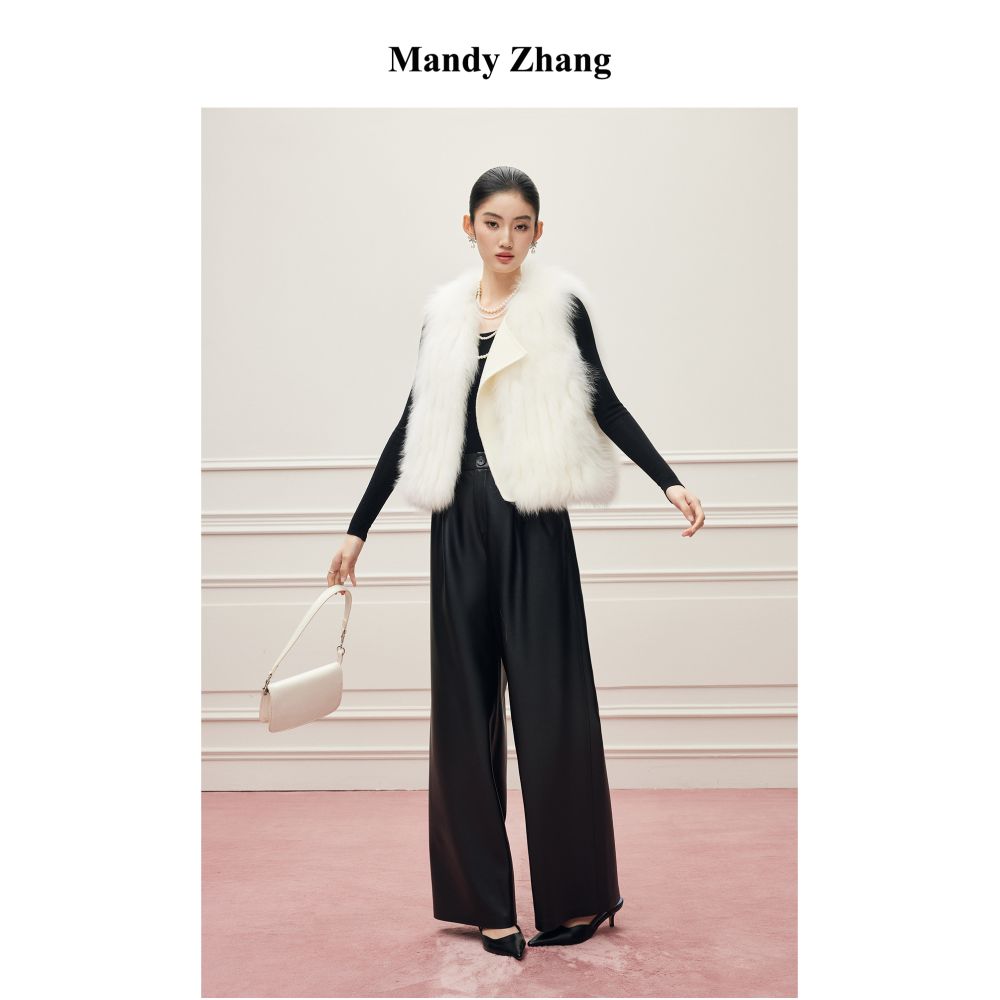 MandyZhang s premium soft PU protein leather black straight leg casual pants for women s autumn and winter new high waisted long pants image 3