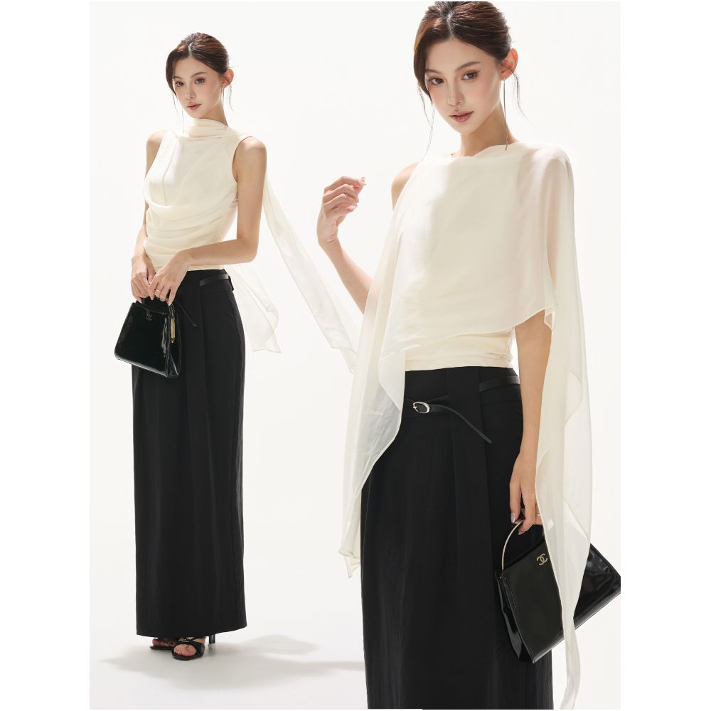 CYNR original design old money wind and snow spinning sleeveless hanging neck top with hanging ribbons fashionable pleated spicy girl T shirt for women image 1