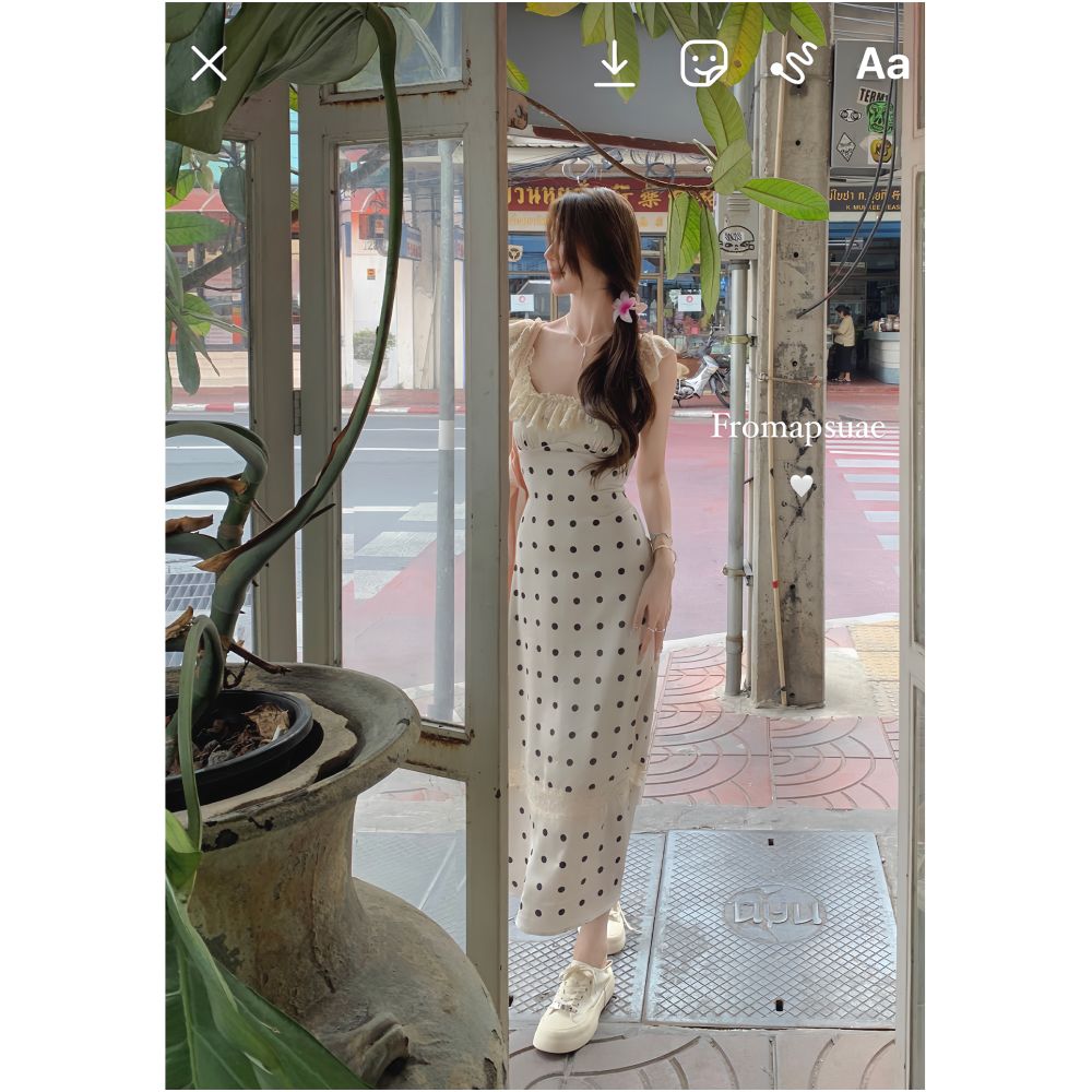 White Water Female Romantic Sister polka dot camisole dress for women round neck backless splicing waist cinching slimming dress image 2