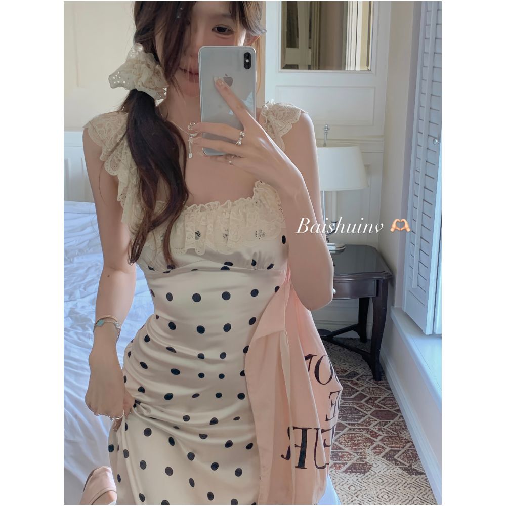 White Water Female Romantic Sister polka dot camisole dress for women round neck backless splicing waist cinching slimming dress image 4