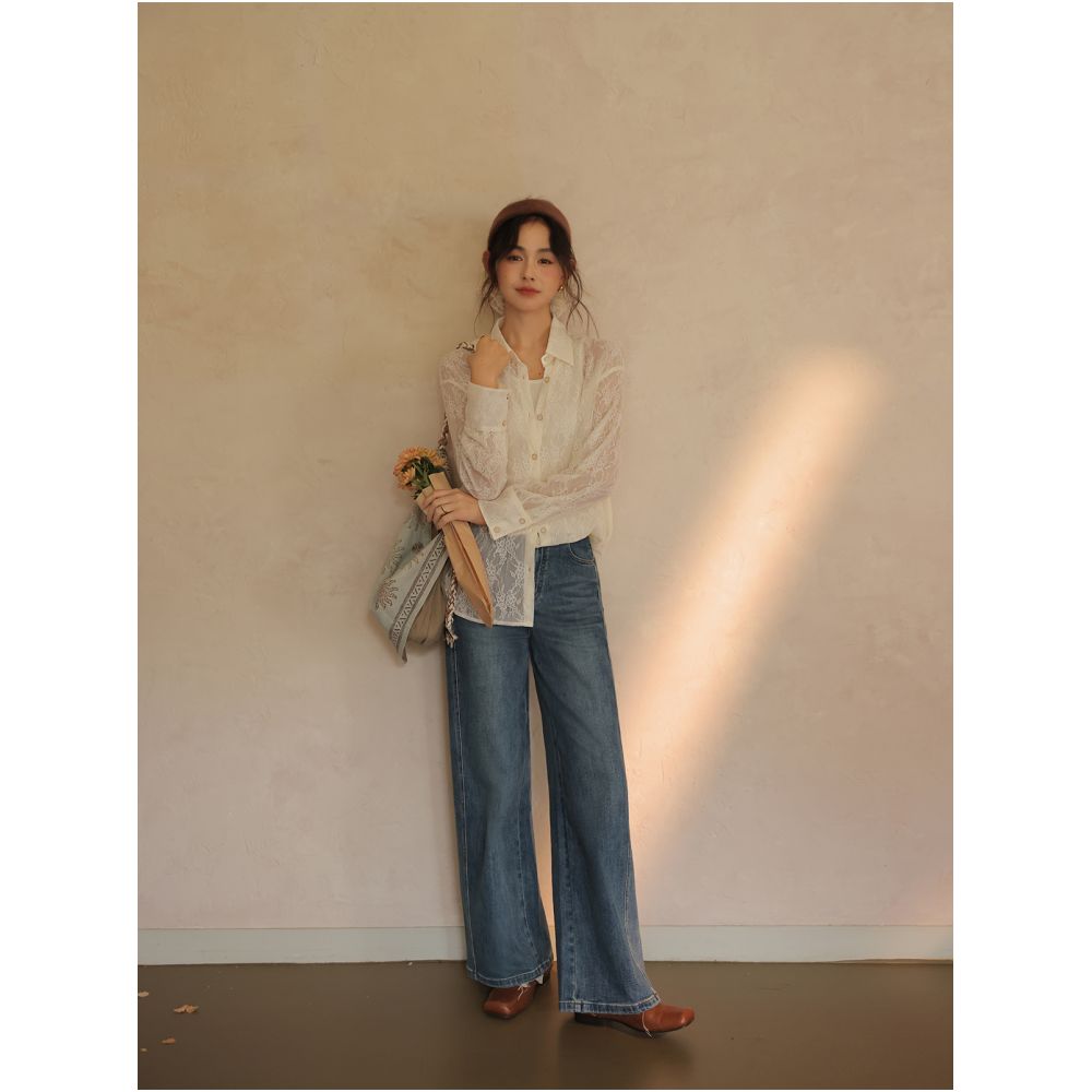 Miss Chipmunk Mist Flower Shadow Autumn Exquisite Romantic Base Micro Transparent Misty Sweet Lace Shirt image 1