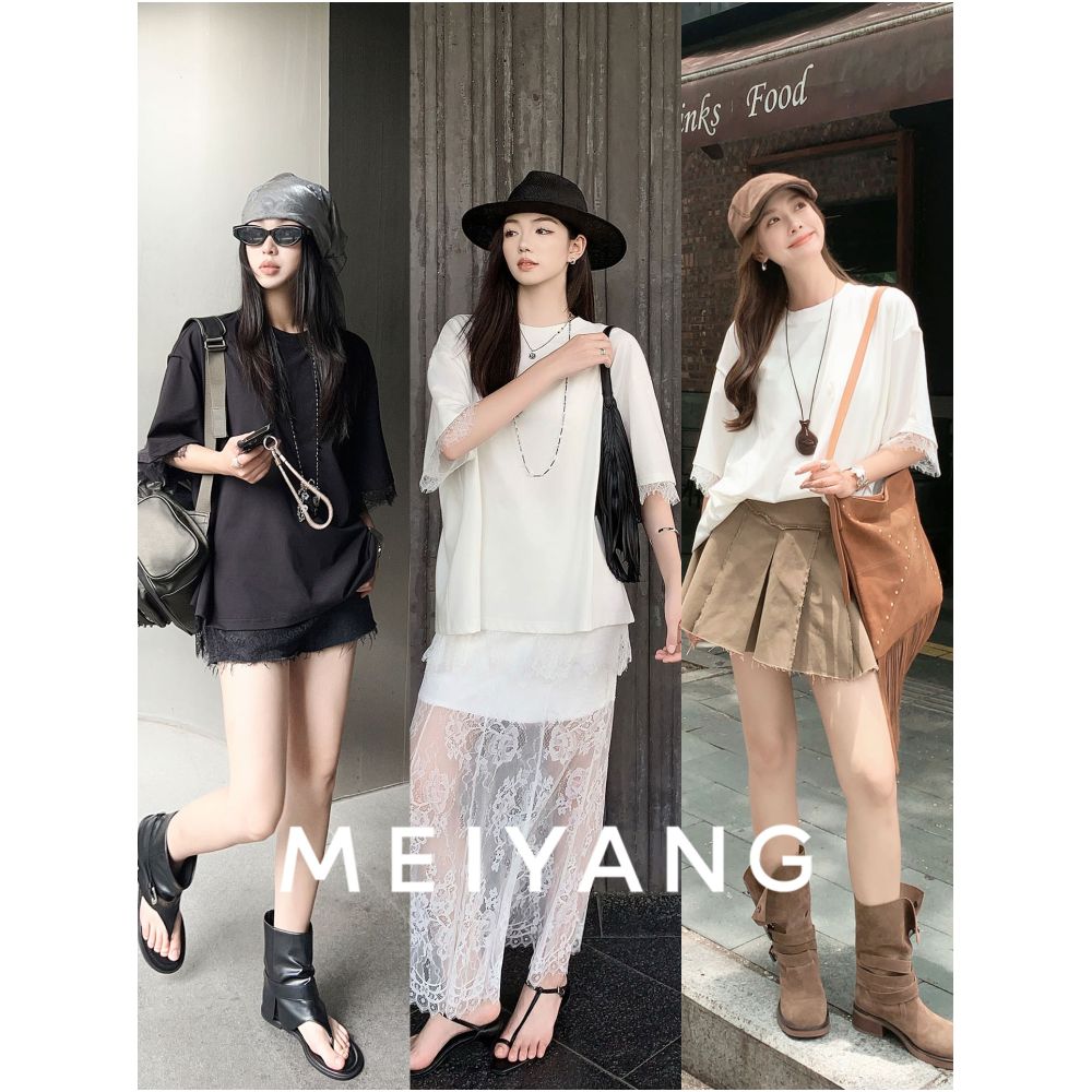 Meiyang MEIYANG in stock cloud T shirt with cool sensation quick drying antibacterial lace splicing split round neck Thursday image 2