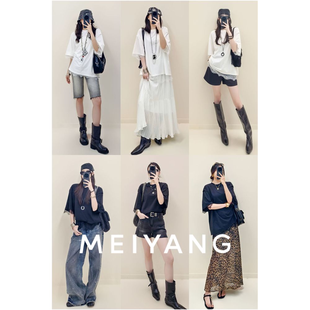 Meiyang MEIYANG in stock cloud T shirt with cool sensation quick drying antibacterial lace splicing split round neck Thursday image 3