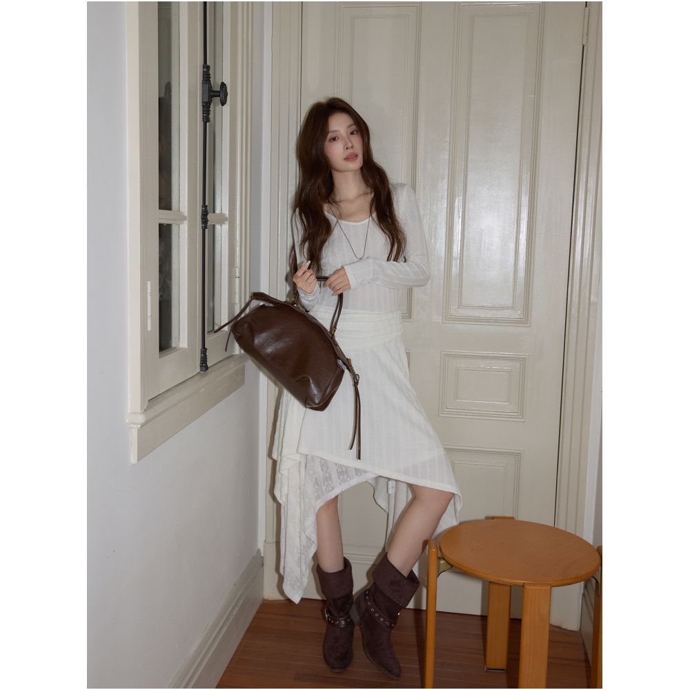 Noisy home design sense white irregular dress women s 2025 autumn and winter temperament casual long sleeved A line long skirt image 1