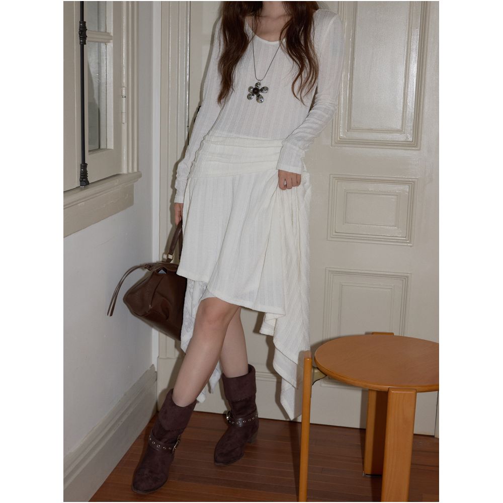 Noisy home design sense white irregular dress women s 2025 autumn and winter temperament casual long sleeved A line long skirt image 2